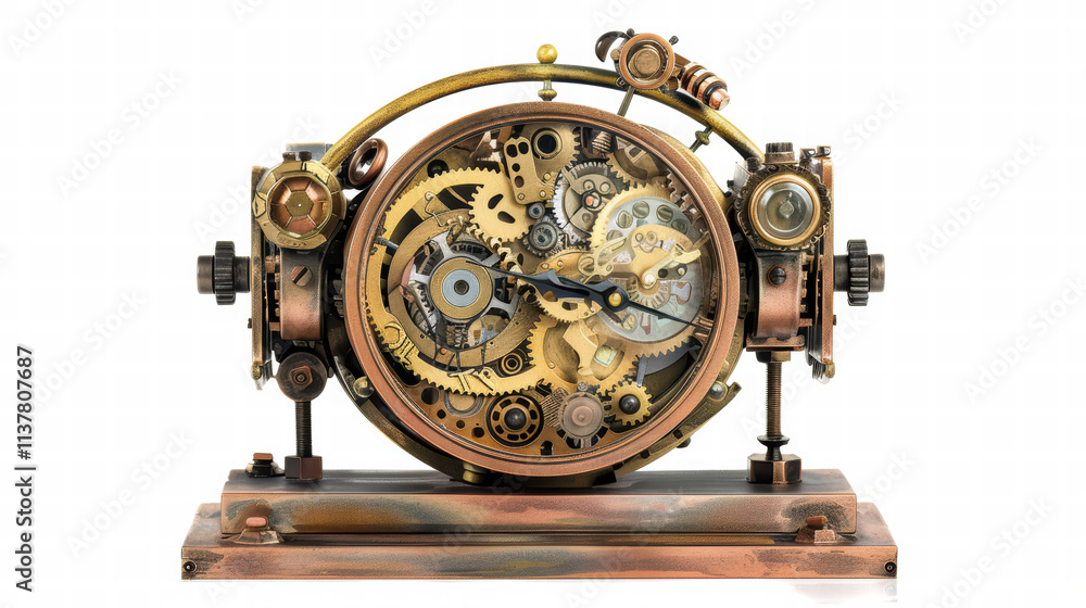 Poster mechanical clock with exposed gears showcases steampunk design, featuring intricate details and vint