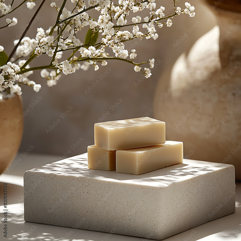 Poster minimalist and modern soap design featuring moisturizing bars on textured surface, surrounded by del