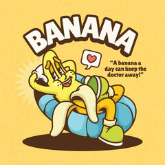 Banana Trendy Retro Cartoon Vector Hand Drawn 