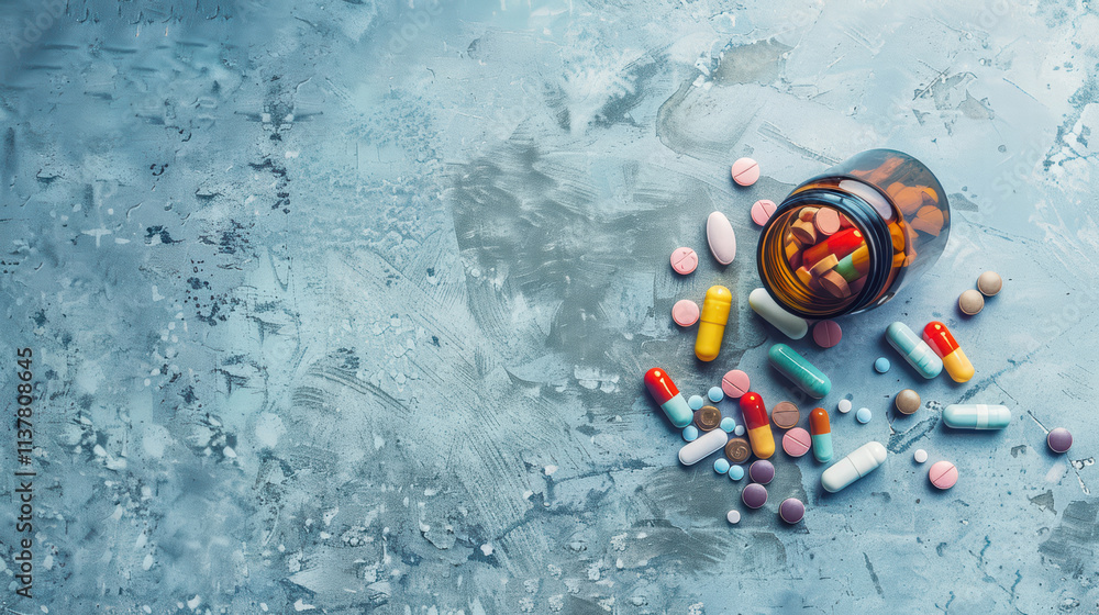 Poster spilled bottle of colorful pills on light blue textured surface, creating vibrant and chaotic scene.
