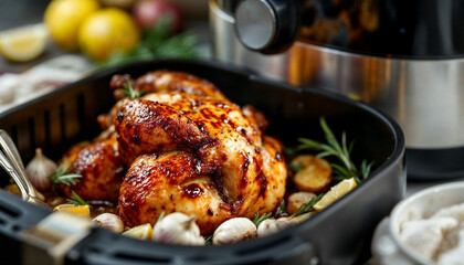 Fototapeta premium A golden-brown roasted chicken cooked in an air fryer with garnishes, highlighting ease and sophistication.