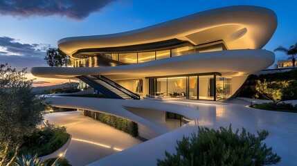 Fototapeta premium A futuristic villa with curved walls, a metallic exterior, and a floating staircase leading to the entrance. 