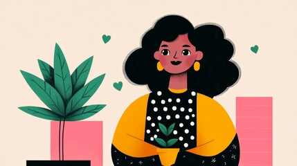 Woman finds comfort and tranquility at home with plant on couch, serene indoor living