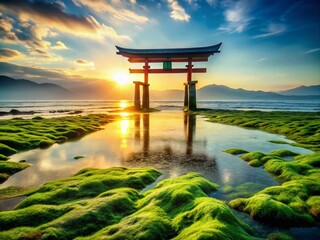 Serene Double Exposure: Lush Algae-Covered Ground with a Traditional Torii Gate Silhouette in the Background, Blending Nature and Culture in a Dreamy Landscape
