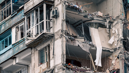 destroyed and burned houses in the city in Ukraine