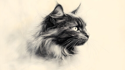Obraz premium An expressive sketch of a cat with long flowing fur, drawn in loose pencil strokes. The artist’s rough, yet emotive style conveys the cat’s mysterious and elegant presence.