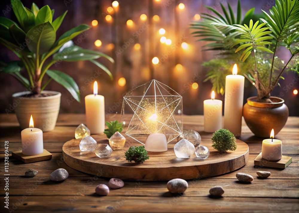 Poster serene holistic wellness center featuring a crystal grid and floating orb display for relaxation and