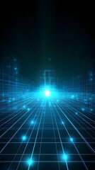 A futuristic grid design glowing in shades of electric blue, with a subtle fade into a black background