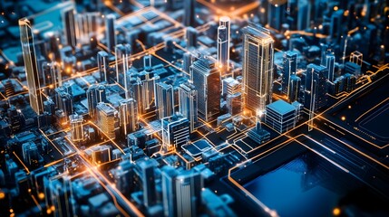 A futuristic digital cityscape seen from above, with glowing lines and structures in electric blue and white