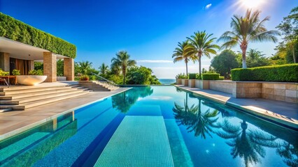 Fototapeta premium Serene Large Swimming Pool with Crystal Clear Blue Water and Inviting Steps, Perfect for Relaxation and Leisure Activities in a Luxurious Outdoor Setting