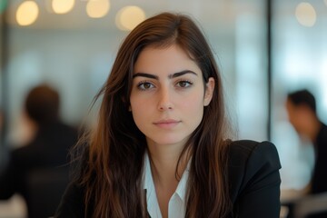 Naklejka premium Focused brunette professional works at a conference table with colleagues present in a bright minimalistic environment
