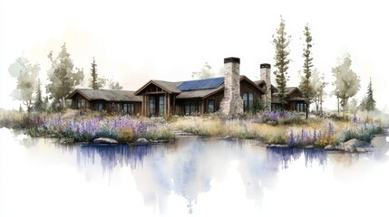 Obraz premium Serene lakeside retreat, a watercolor painting of house on lake reflecting the tranquil beauty of nature