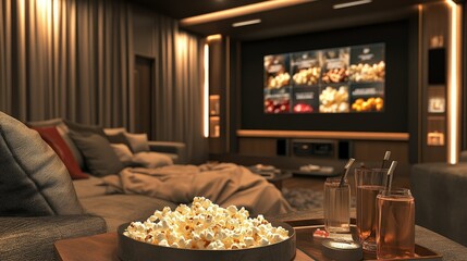 Fototapeta premium A stylish home theater with popcorn and drinks on a tray in the foreground.