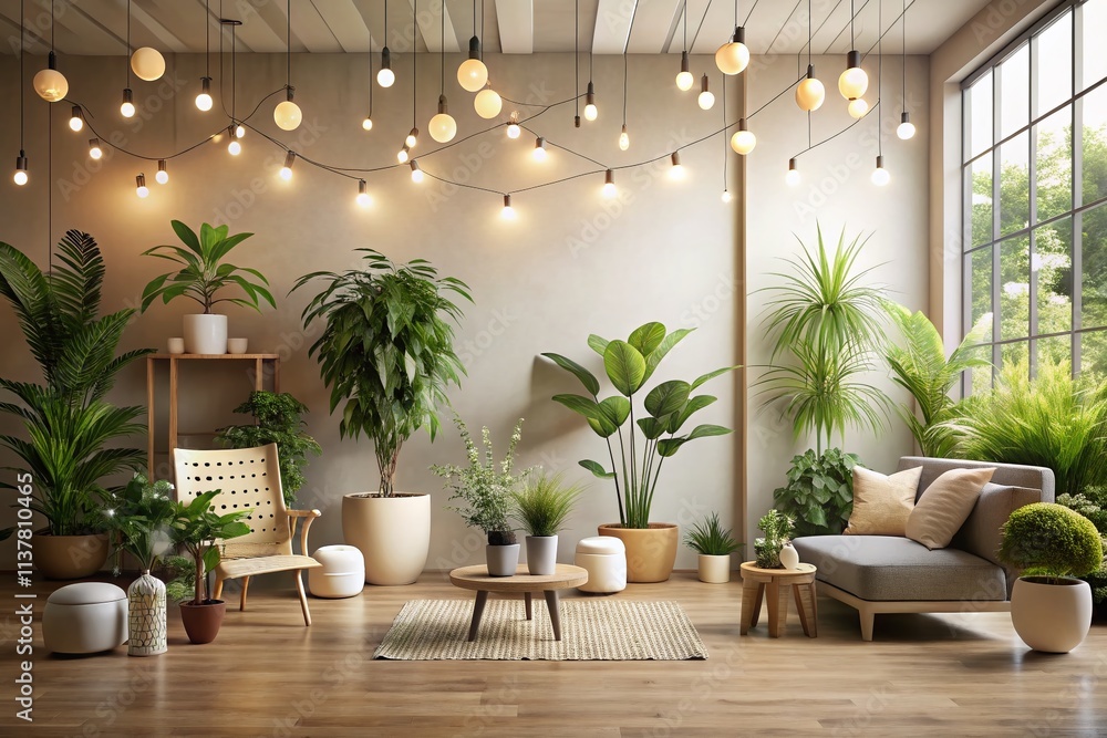 Aufkleber serene minimalist interior design with natural color palette and lush greenery in soft bokeh effect 
