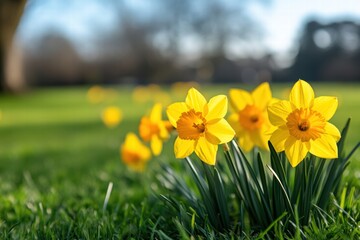 Obraz premium Bright yellow daffodils bloom in a sunny park during springtime