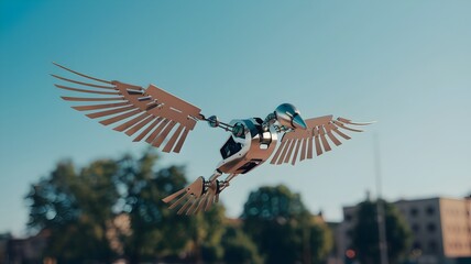 Photo of a robotic bird with a mounted camera flying against a clear sky with scattered clouds