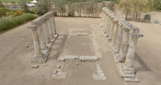 Aerial view of the Tavole Palatine ("Palatine Tables") located in Metaponto, Basilicata, Italy. Closeup of the remains of a hexastyle peripteral Greek temple of Magna Graecia.