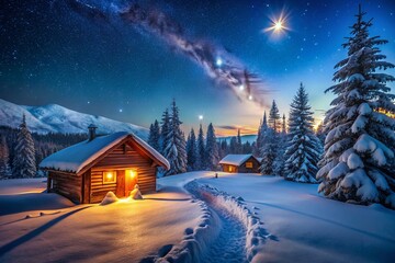 Fototapeta premium Serene Moonlit Cabin Surrounded by Snowy Path Under a Starry Winter Night Sky for Tranquility and Peaceful Escape