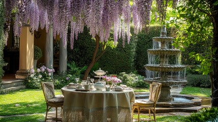 Naklejka premium Charming garden tea party with a table set for guests under purple wisteria, a grand fountain adding to the serene ambiance.