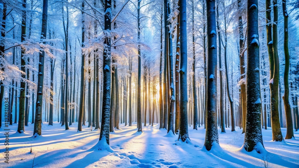 Poster serene panoramic view of a winter forest with slim tree trunks and gentle snowfall creating a tranqu