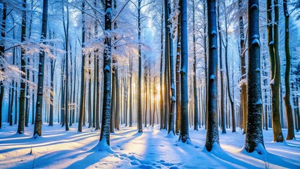Obraz premium Serene Panoramic View of a Winter Forest with Slim Tree Trunks and Gentle Snowfall Creating a Tranquil Atmosphere in a Snow-Covered Landscape