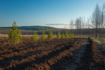 Planting young trees in a forested area during spring with clear blue sky overhead