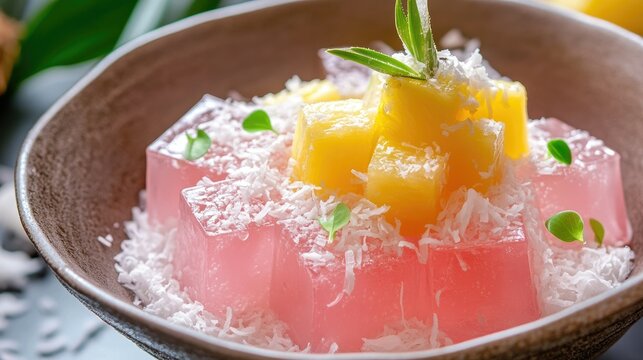 A tropical-themed presentation of jelly cubes in a bowl, garnished with coconut flakes and small pineapple chunks