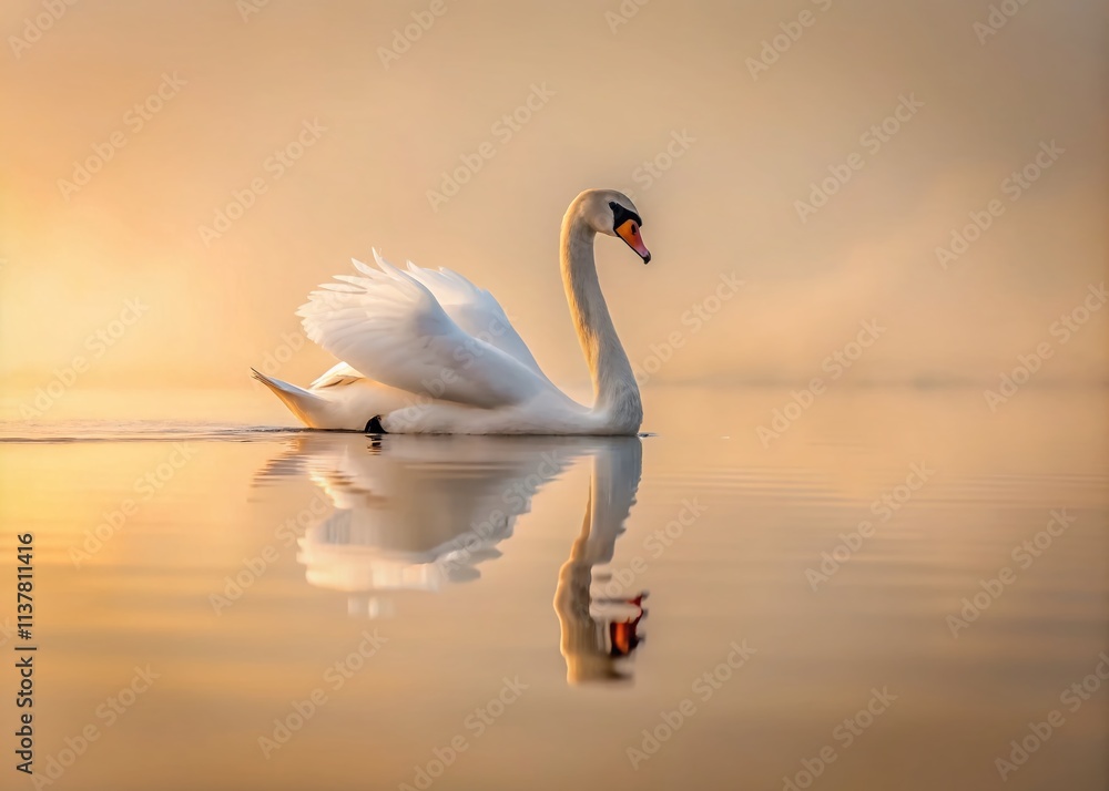 Poster serene reflection: a minimalist capture of a graceful swan gliding on still waters, emphasizing tran