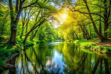 Fototapeta premium Serene River Flowing Through a Lush Green Forest in Springtime with Vibrant Flora and Sunlight Filtering Through the Canopy Enhancing the Natural Beauty of the Scene