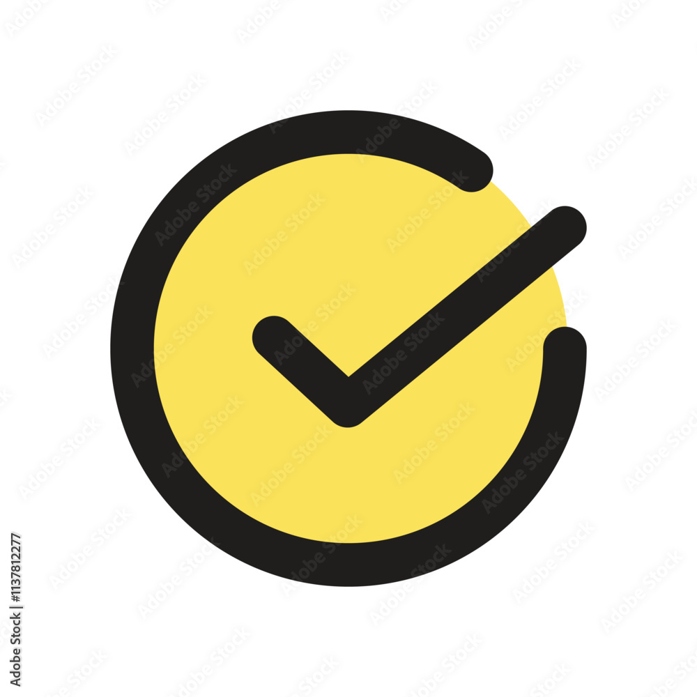 Poster a simple graphic design of a yellow circle with a black checkmark inside symbolizing completion or a