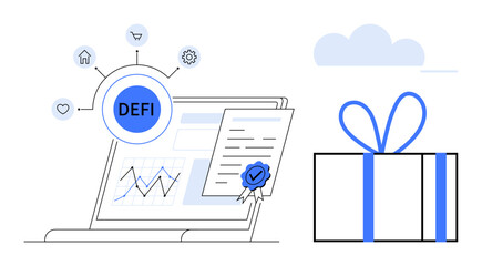 Naklejka premium DeFi digital certificate displayed on a laptop with financial icons, chart, and connected networks. Ideal for banking, gifting, decentralized finance, online security, blockchain, fintech