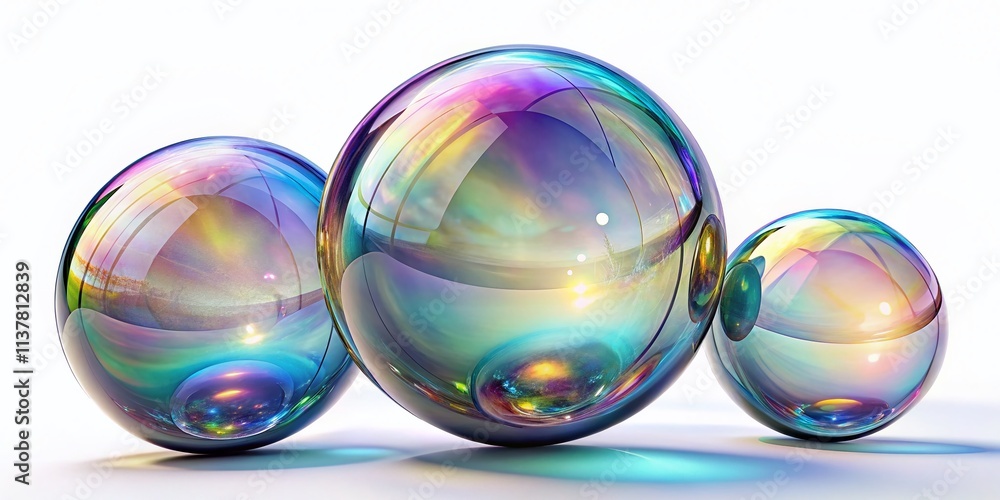 Poster set of 3d crystal glass bubbles with refraction isolated on a clean background for artistic and comm