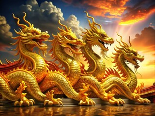 Fototapeta premium Set of 5 Animated Oriental Golden Dragons Symbolizing Power, Wealth, and Wisdom in Motion - Vivid 3D Fantasy Representation of Chinese Culture’s Iconic Creatures