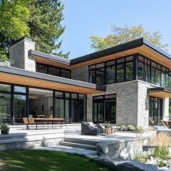 Fototapeta premium A family home with a split-level design, a mix of stone and wood exteriors, and a spacious outdoor patio.
