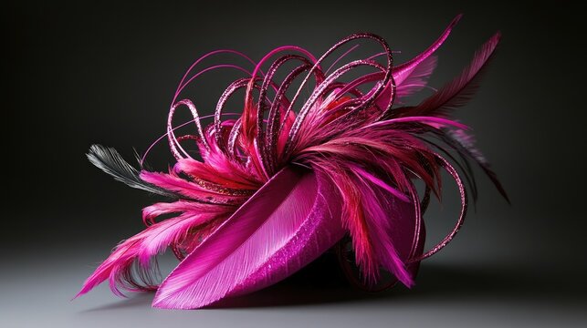 A woman's fancy fascinator in bright fuchsia, decorated with loops and feathers, styled in studio lighting