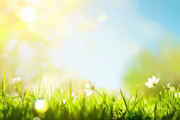 Obraz premium Fresh green spring grass with delicate daisies in bloom, beautifully blurred background enhancing the vibrant, natural scene.