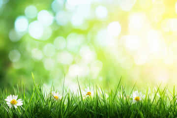 Fototapeta premium Spring summer background with frame of grass and leaves on nature. Juicy lush green grass on meadow in morning sunny light outdoors.