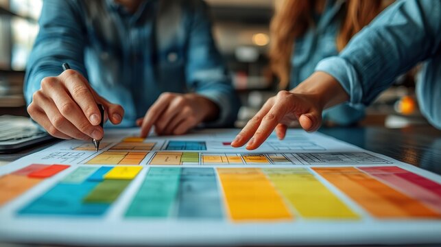 Collaborative business brainstorming session with creative agency team discussing roadmap for product launch, strategic planning