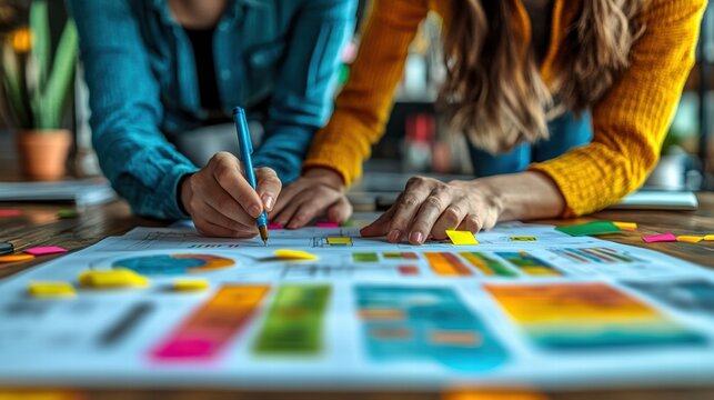 Collaborative business brainstorming session with creative agency team discussing roadmap for product launch, strategic planning