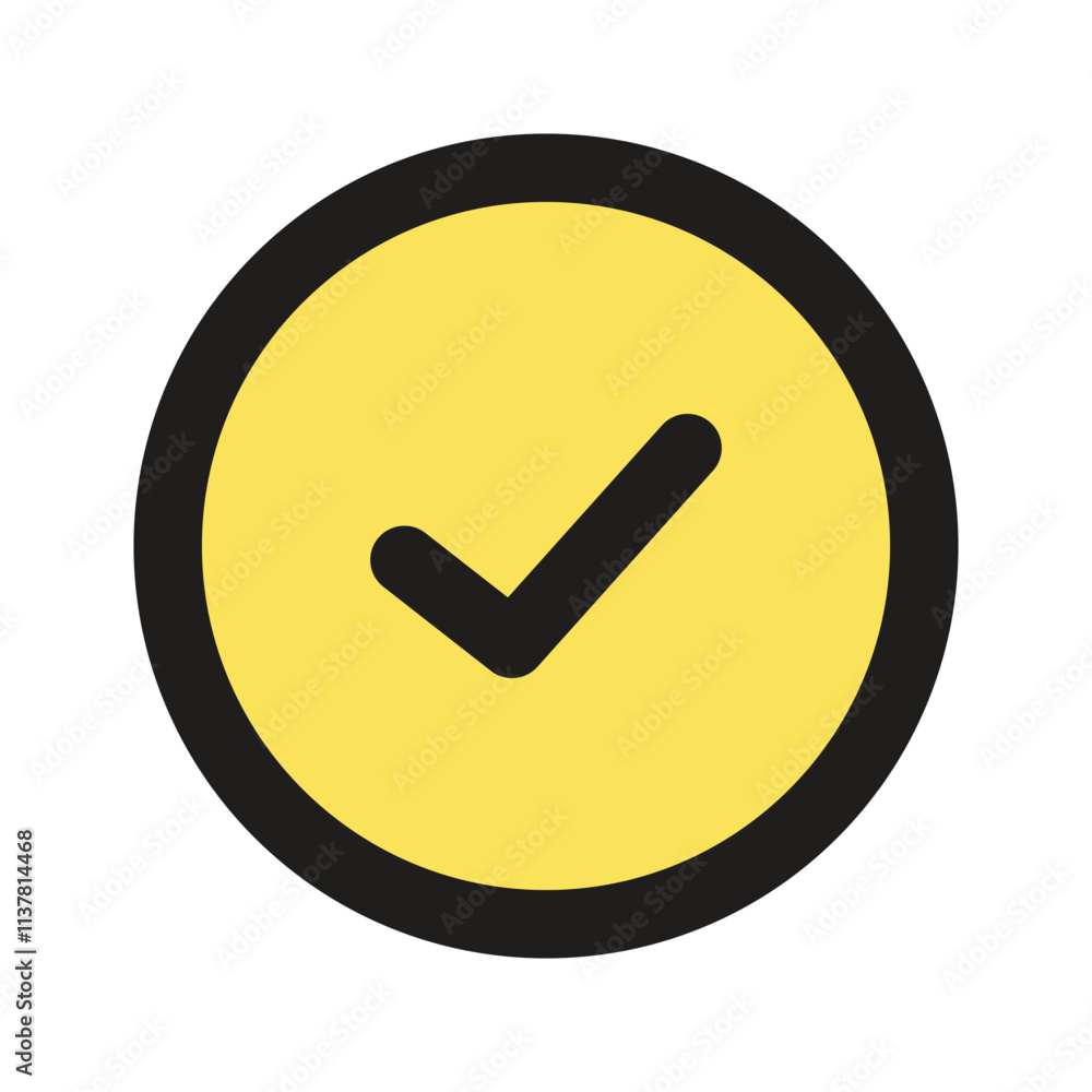 Poster a simple digital graphic depicting a yellow circle with a black checkmark inside indicating approval