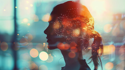 A human figure with AI interface overlay, displaying glowing neural networks and data flow charts, symbolizing AI in future technology.