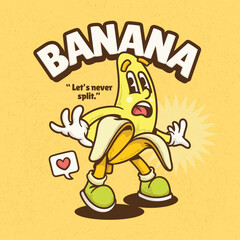 Banana Trendy Retro Cartoon Vector Hand Drawn 