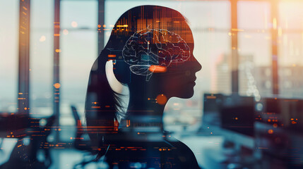 A human figure with AI interface overlay, displaying glowing neural networks and data flow charts, symbolizing AI in future technology.