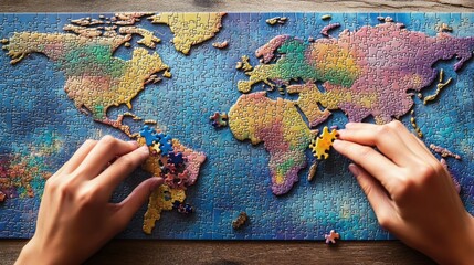Hands fitting a vibrant piece into a jigsaw puzzle of a world map.