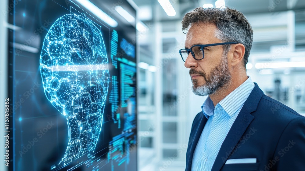 Poster businessman analyzing digital brain interface with futuristic data visualization technology