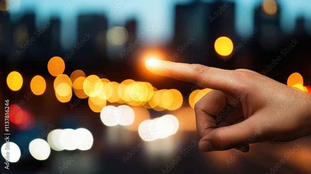 Poster close-up of finger touching light in urban scene with bokeh background at dusk