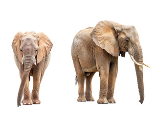 Fototapeta premium Two African elephants standing side by side showing large ears and tusks isolated on a transparent background for safari themes.