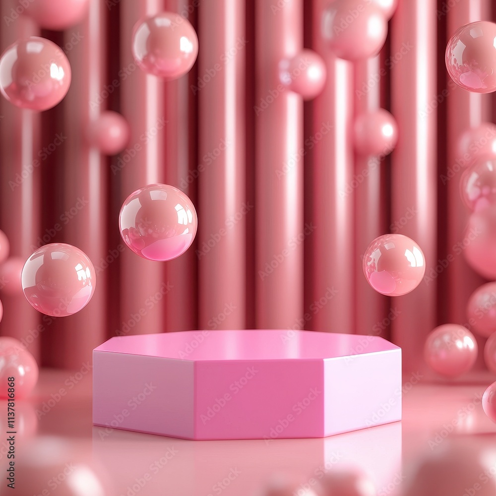 Poster abstract scene with pink hexagonal base and floating bubbles on light pink background
