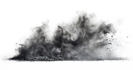 Black powder explosion isolated on white background