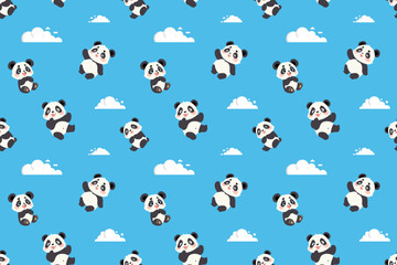 Obraz premium Playful Pandas Floating Amongst Fluffy White Clouds